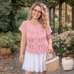 Handmade Crochet Pink Cardigan Sweater with Floral Buttons, Short Sleeve